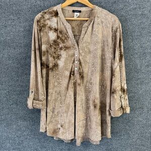 Cocomo Womens Tan Brown Rhinestone Marbled Top Size XL V Neck Pullover Office